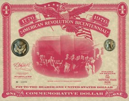American Revolution Bicentennial Commemorative One Dollar Certificate, Maryland - £8.01 GBP