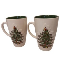 Spode 2-Sided Christmas Tree Theme Earthenware Jumbo 22oz Two Latte Mugs Vtg 6&quot; - £18.34 GBP