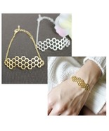 HONEYCOMB BRACELET Silver or Gold Tone Curved Metal Hexagon Bee Hive Cha... - $12.26 CAD