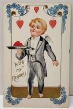 Valentines Boy Cherub in Tuxedo &quot;With My Regards&quot; his Tray of Hearts Postcard A2 - £5.55 GBP