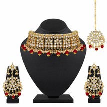 Red Ethnic kundan goldplated Necklace Earrings Chokar Jewelry Set Holy Gift p0 - £24.79 GBP