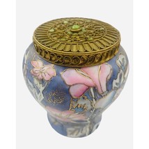 Vintage Chinese Ginger Jar Blue Pink Gilded Floral Lidded Urn Brass Beaded Lid - £27.25 GBP