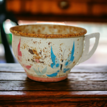 Vintage Toy Metal Teacup Rare Distressed Rusted Faded Butterfly Flower Painted - £14.46 GBP
