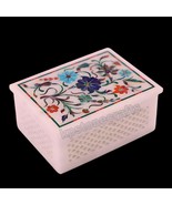 Rectangular White Marble Tabletop Jewelry Box – 3&quot;x4&quot; Handmade Inlaid Ge... - $121.55