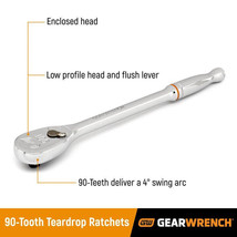 GEARWRENCH 81360T - 1/2&quot; Dr 90 Tooth Long Handle Teardrop Ratchet 15&quot; - £50.22 GBP