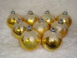 9 Shiny Brite Yellow Gold Glitter VTG Mercury Glass Christmas Ornaments Snowcap - £35.02 GBP