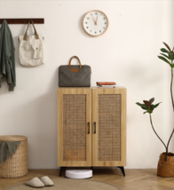 Rattan Mesh Double-Door Shoe Cabinet With Large Storage Space - Oak - £145.73 GBP