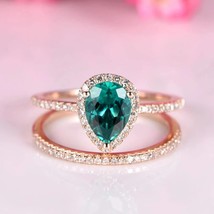 May Birthstone 2 pcs Bridal Wedding Ring Set Natural Emerald Ring Set With Match - £808.14 GBP