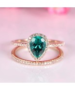 May Birthstone 2 pcs Bridal Wedding Ring Set Natural Emerald Ring Set Wi... - £795.57 GBP