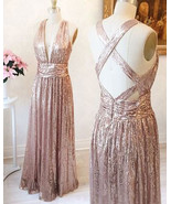 Elegant Cut Low Neck Criss Cross Rose Gold Sequined Long Bridesmaid Dresses - £92.53 GBP