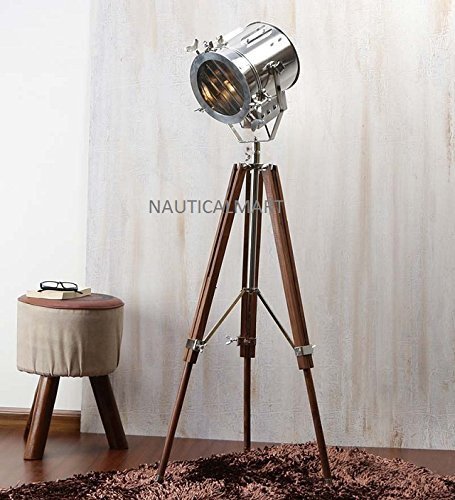 NAUTICALMART BEAUTIFUL FLOOR STANDING BROWN NICKEL FINISH WOOD TRIPOD FLOOR LAMP