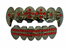 Gun Metal Red Cubic Zirconia Mouth Teeth Grillz Upper Lower Fangs Set w Molds - £8.68 GBP