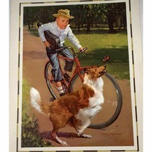 1960 Calendar &quot;Steady Boy&quot; Riding Bike with Dog Running Beside Him Litho Print - £26.99 GBP