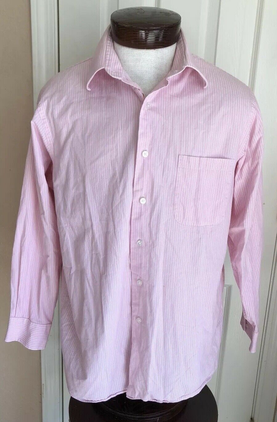 Primary image for Calvin Klein Pink & White Pinstriped Relaxed Fit Button Front Shirt Mens L 32/33