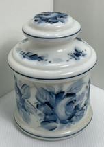 Vintage Milk Glass Canister with Lid Hand-painted Blue Flowers Gorgeous 7 Inches - £17.18 GBP