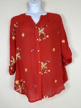 NWT Fig &amp; Flower Womens Plus Size 2X Red Floral Button-Up Shirt Roll Tab Sleeve - £24.33 GBP