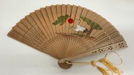 Vintage Painted Wooden Hand Fan With Glass Top Storage Box - £23.07 GBP