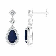 Blue Sapphire Drop Earrings with Diamond in 14K Solid Gold (A, 8x5MM) - £1,307.68 GBP