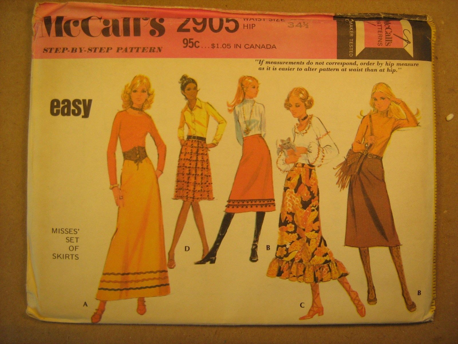 UNCUT Pattern 1971 McCALL Size W 24 H 34 1/2 Misses' SKIRT 2905 [Z181] - $5.58