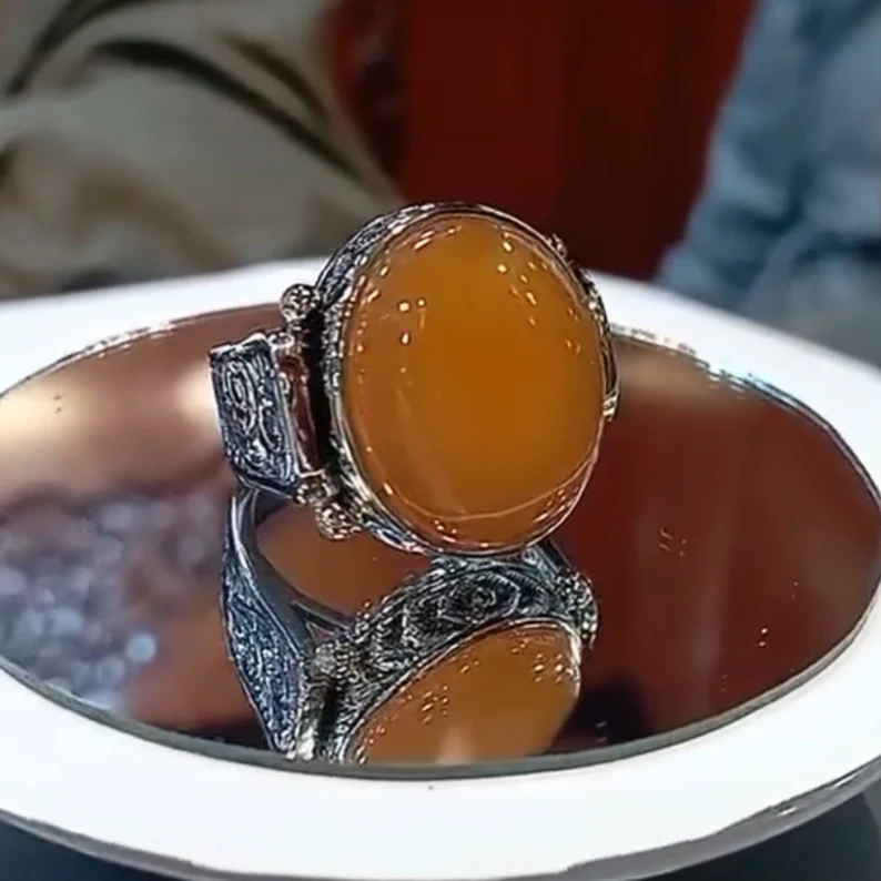 Original Light Orange Aqeeq/Akeek Ring Agate Ring, Beautiful Handmade sterling. - £275.22 GBP