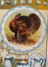 Thanksgiving Postcard Ellen Clapsaddle Turkey Flow Blue China Cups Plates Teapot - £12.13 GBP