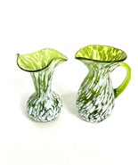 2 Rainbow Art Glass Green White Splatter Vase Pitcher Ruffled Vintage - £32.66 GBP