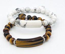 Two Beaded Stone Stretch Bracelets Heart Charm Tiger&#39;s Eye Marble - £19.05 GBP
