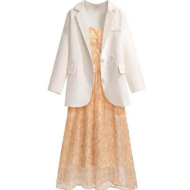 Women Dress Suit Jacket  Spring  Casual All-Match Blazer Midi Skirt Two-piece Ko - £116.96 GBP