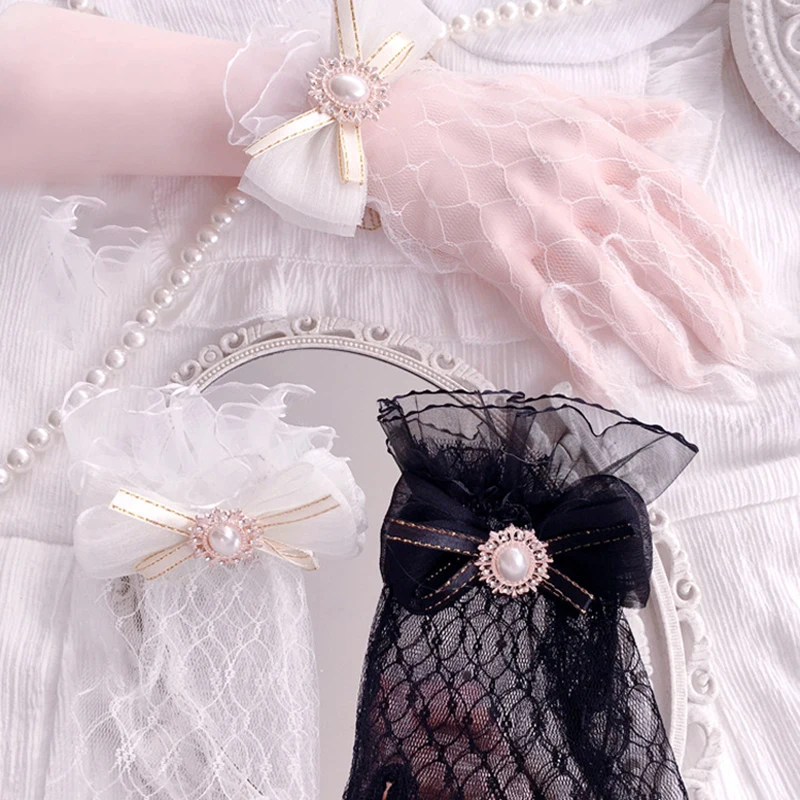 Sporting Japanese Soft Girl Black White Lace Gloves Girl gothic Lolita Mesh A Fl - £23.90 GBP