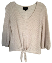 W5 Women&#39;s Tie-Front Crop Sweater 3/4 Sleeve V-Neck Textured Size S Beige - £11.83 GBP