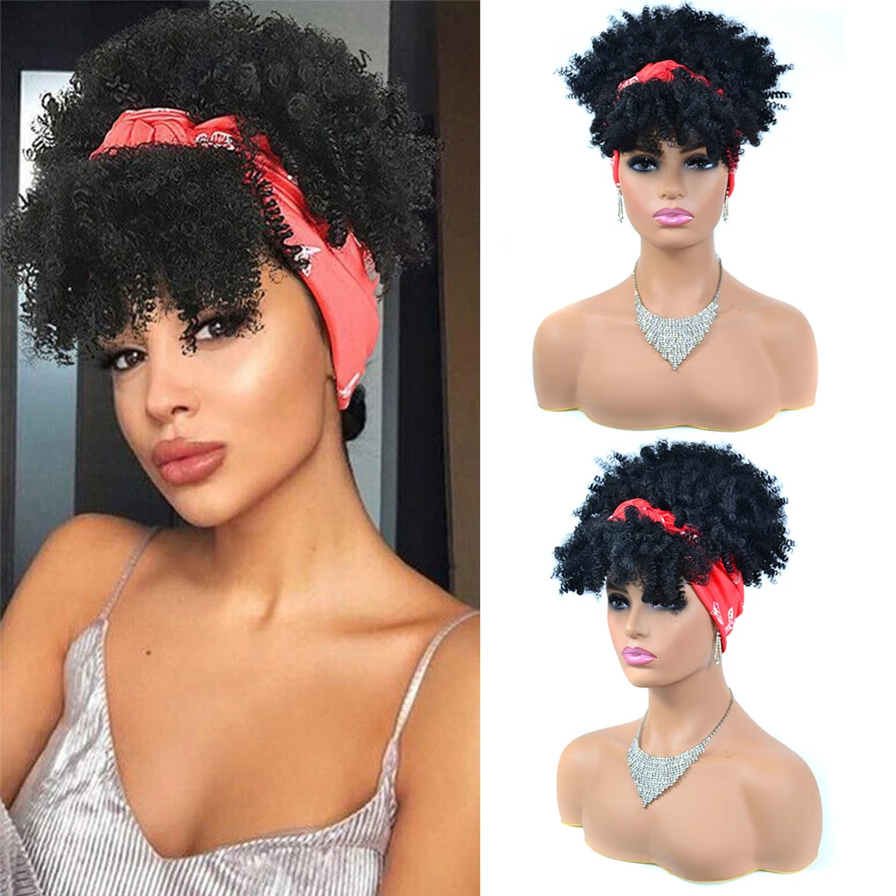 Short Kinky Curly Headband Wig Ombre Afro Curly Wig with Head Band Synthet - £18.29 GBP