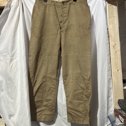 Primary image for Vtg 40s WWII Pants Mens 38x29 Brown US Army Khaki Button Fly Chino Trousers WW2