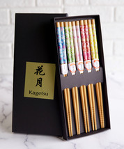 Reusable Bamboo Colorful Cherry Blossoms Set of 5 Ridged Ends Chopsticks... - $11.99