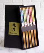 Reusable Bamboo Colorful Cherry Blossoms Set of 5 Ridged Ends Chopsticks... - $16.39 CAD