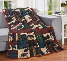 Rustic Forest Black Bear By Pine Trees Forest Cozy Plush Quilted Throw Blanket - £31.96 GBP