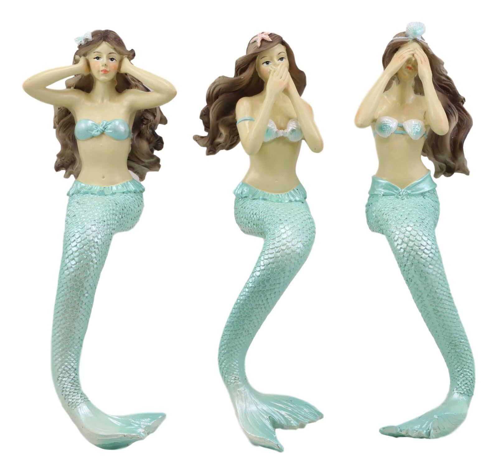 Capiz Ocean See Hear Speak No Evil Mermaid Sirens Shelf Sitter Figurines 9.25"H