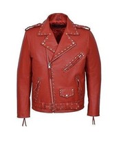 Men&#39;s Stud Brando Red Real hide smart fitting Leather Biker Luxury style Jacket - $179.99