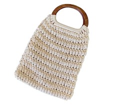 Universal Thread Crochet Bag Wood Handles Cream Macrame Beige Woven Summ... - $173.34 MXN