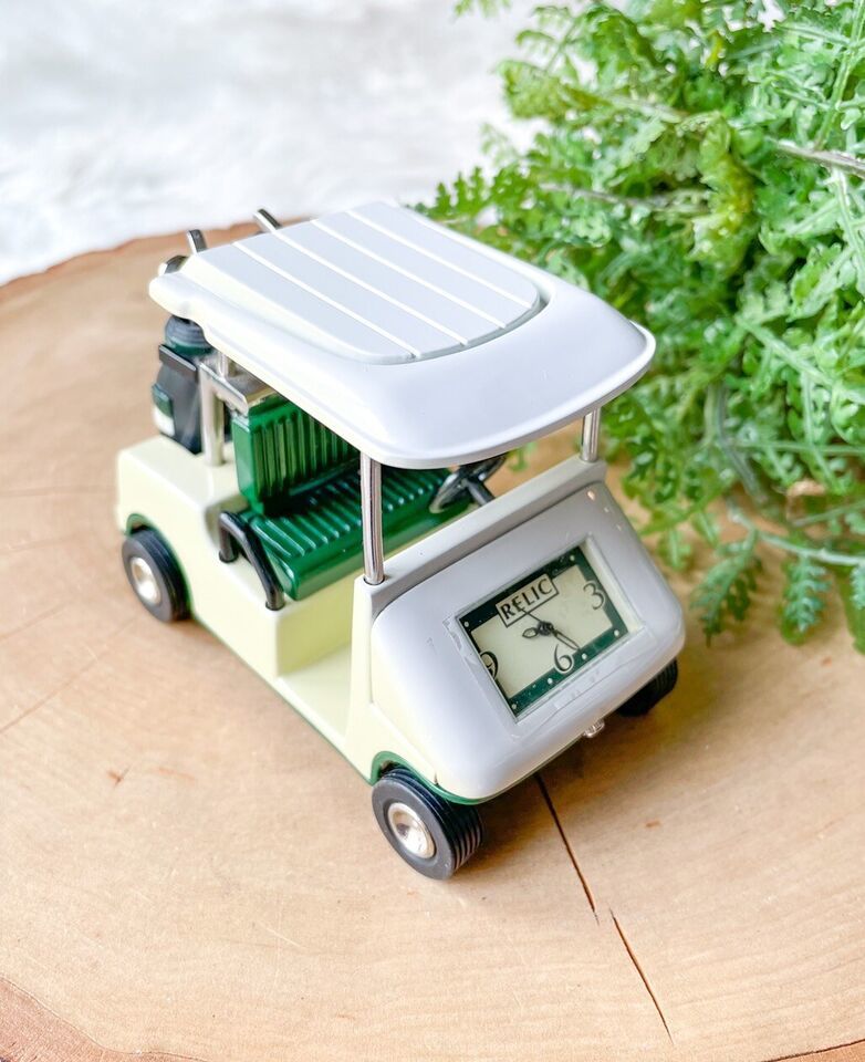 Relic Fossil Metal Golf Cart 2 Golf Bags Desk Clock Moving Wheels VTG Li... - $17.24