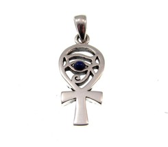 Solid 925 Sterling Silver Eye of Horus Egyptian Ankh Cross Pendant with Lapis - £25.00 GBP