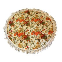 MCM Roses Fringed Floral Round Boho Fringe Tablecloth For 48&quot; Table Retro Kitsch - £51.45 GBP