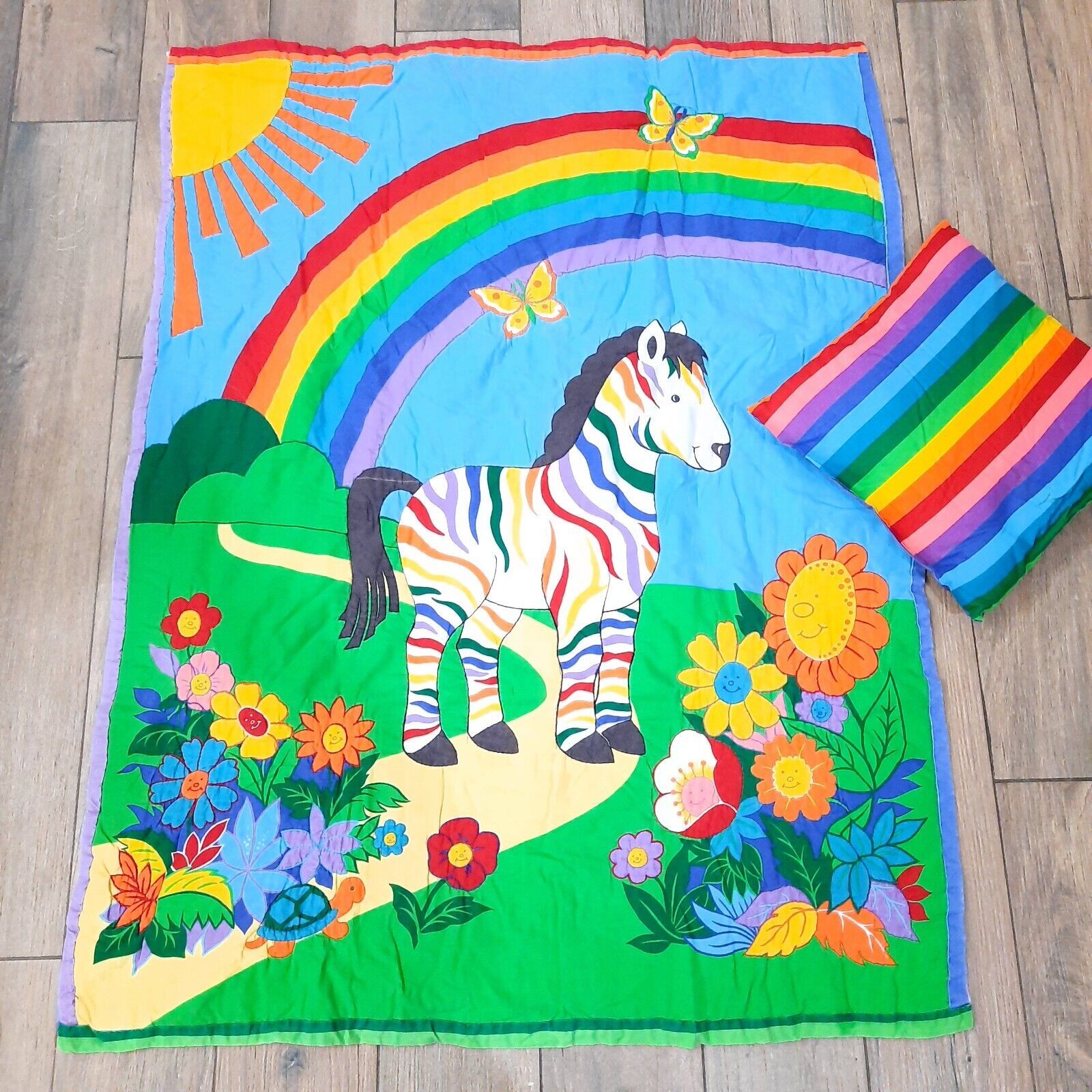 Rainbow Zebra Quilt Baby Blanket comforter toddler kids w pillow bright ... - $25.00