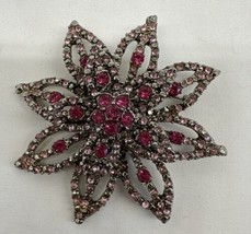 Vintage 3-Tier Pink Flower Rhinestone Large Flower Brooch Pin Silver Finish - £54.49 GBP
