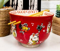 Lucky Cat Japanese Maneki Neko Red Porcelain Ramen Soup Bowl With Chopst... - $383.11 MXN