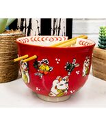 Lucky Cat Japanese Maneki Neko Red Porcelain Ramen Soup Bowl With Chopst... - $381.96 MXN