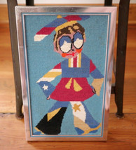 Vintage 70s Wacky Clown Sailor Wool Cross Stitch Crewel Finished Frame 9.75x15.5 - £20.14 GBP