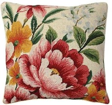 Throw Pillow TATE Needlepoint Bouquet of Flowers 18x18 Beige Poly Insert Wool - £225.95 GBP