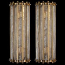 Vintage Art Deco Brass &amp; Ribbed Glass Rod Wall Sconce Light Fixture Lot of 2 - £677.23 GBP