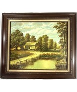 Vintage Oil Painting by J. Perrine – Rustic Cabin Landscape, Framed 31x27 - $266.70 CAD