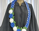 Graduation Lei Flower Blue &amp; White Roses Flowers Leaves Four Braided Rib... - £40.09 GBP